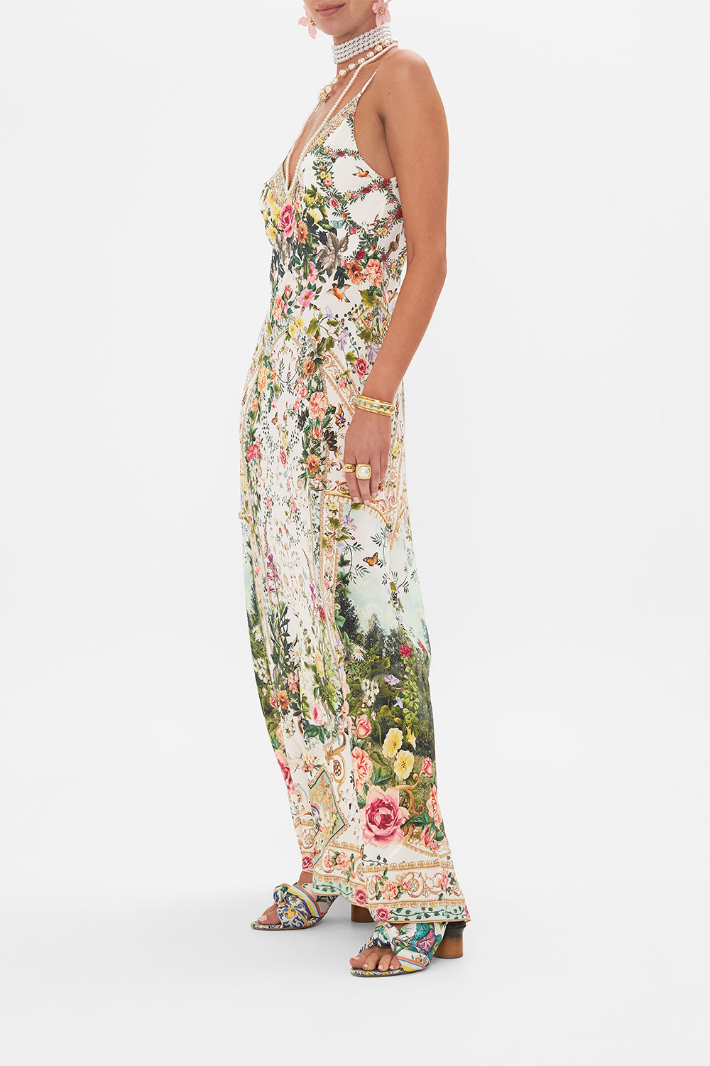 Side view of model wearing CAMILLA silk bias slip dress in Renaissance Romance print