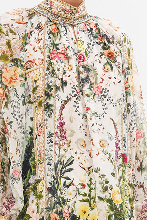 Detail view of model wearing CAMILLA womens silk shirt in Renaissance Romance print 