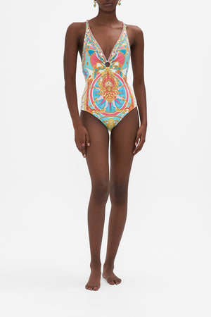 Front view of model wearing CAMILLA resortwear one piece swimsuit in Sail Away With Me print 