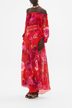 Side view of model wearing CAMILLA silk palazzo pant in An Italian Rosa print