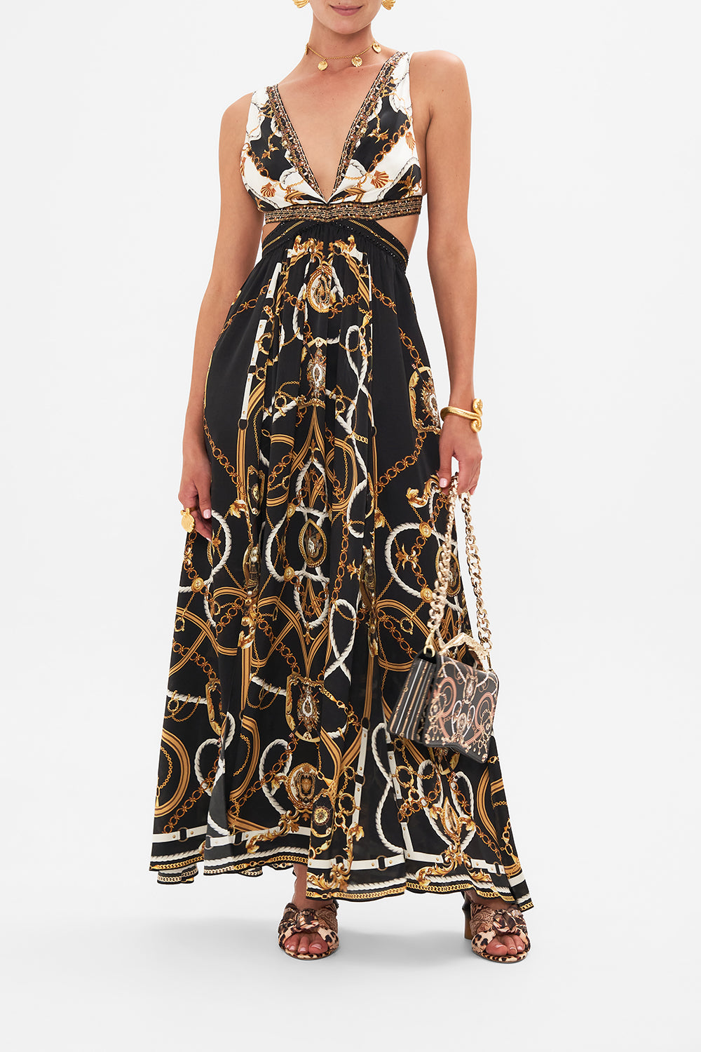 Front view of model wearing CAMILLA silk cut out dress in Coast To Coast print