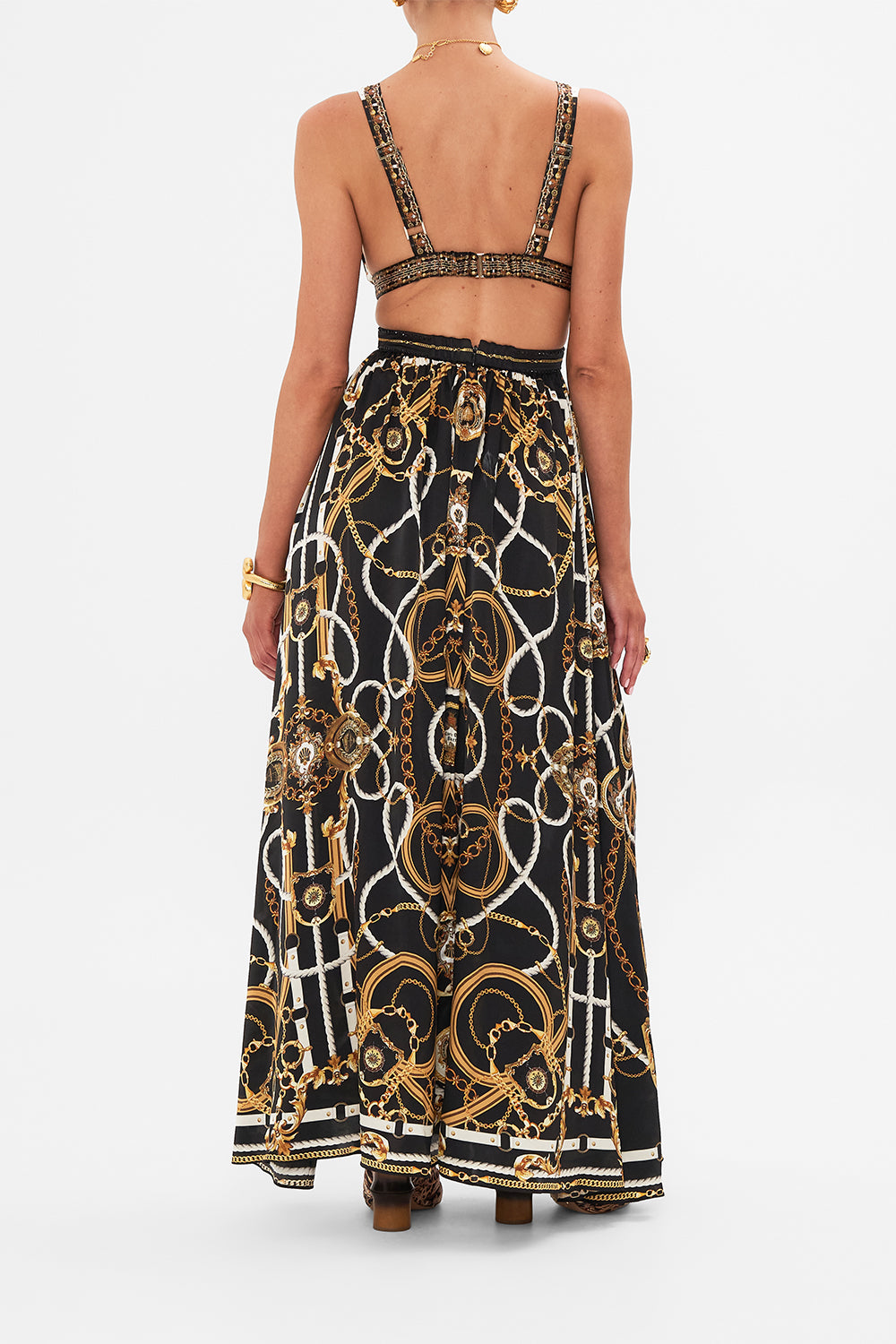 Back view of model wearing CAMILLA silk cut out dress in Coast To Coast print