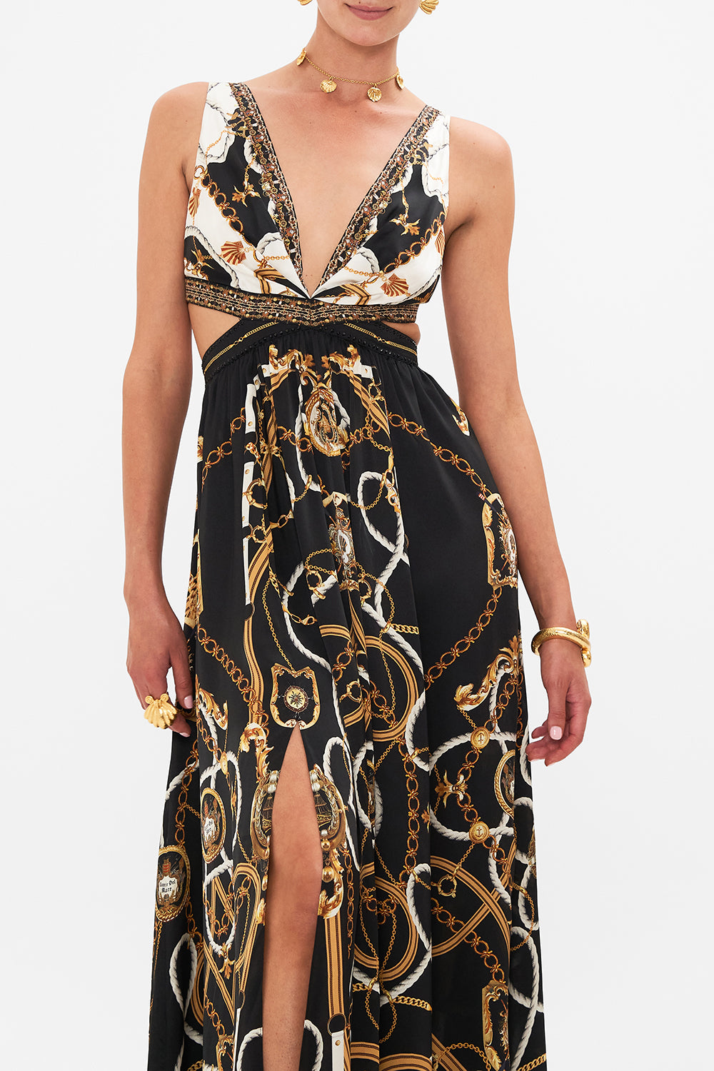 Crop view of model wearing CAMILLA silk cut out dress in Coast To Coast print