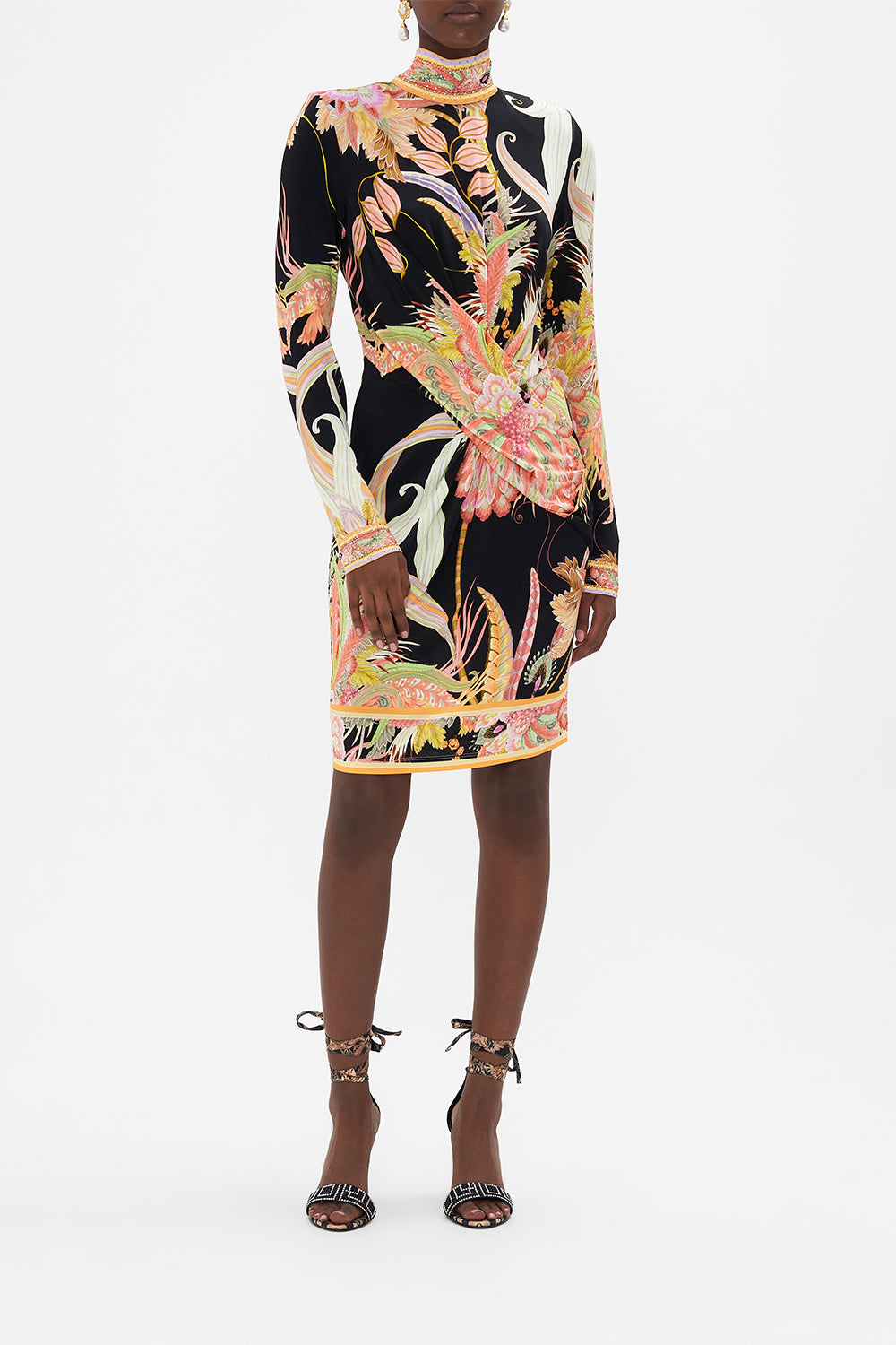 Crop view of CAMILLA designer jersey mini dress in Lady of The Moon print