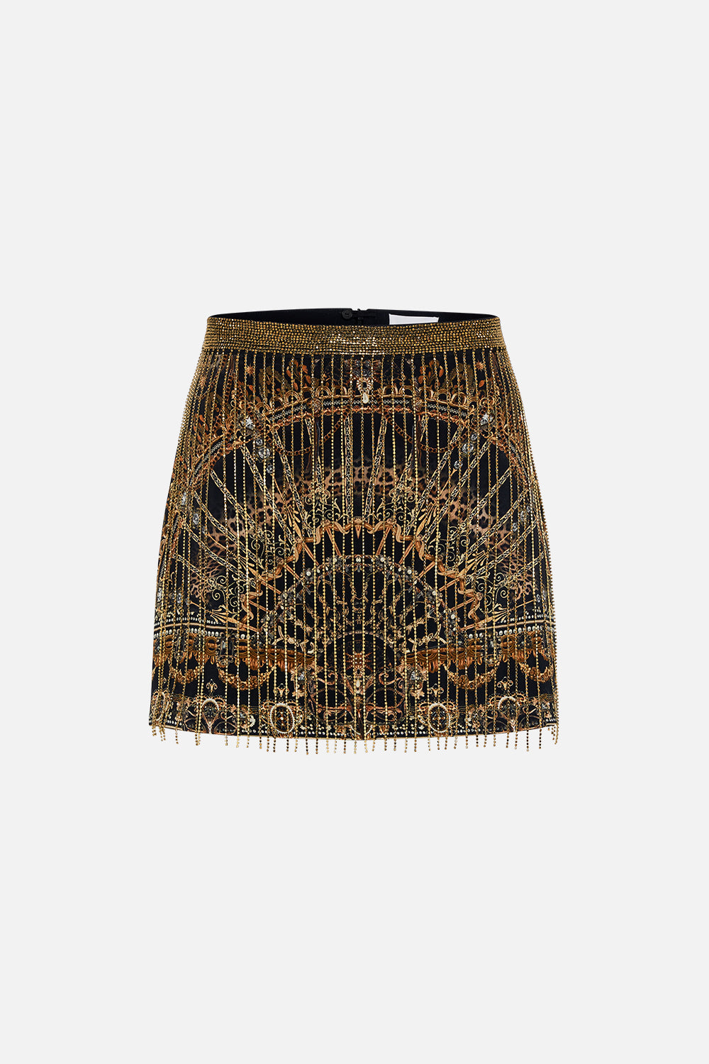 CAMILLA Crystal fringe mini skirt in Masked Moonlight print