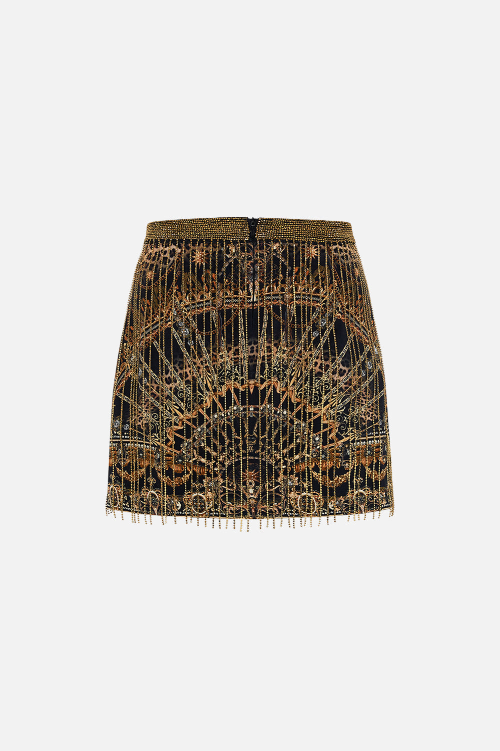 CAMILLA Crystal fringe mini skirt in Masked Moonlight print