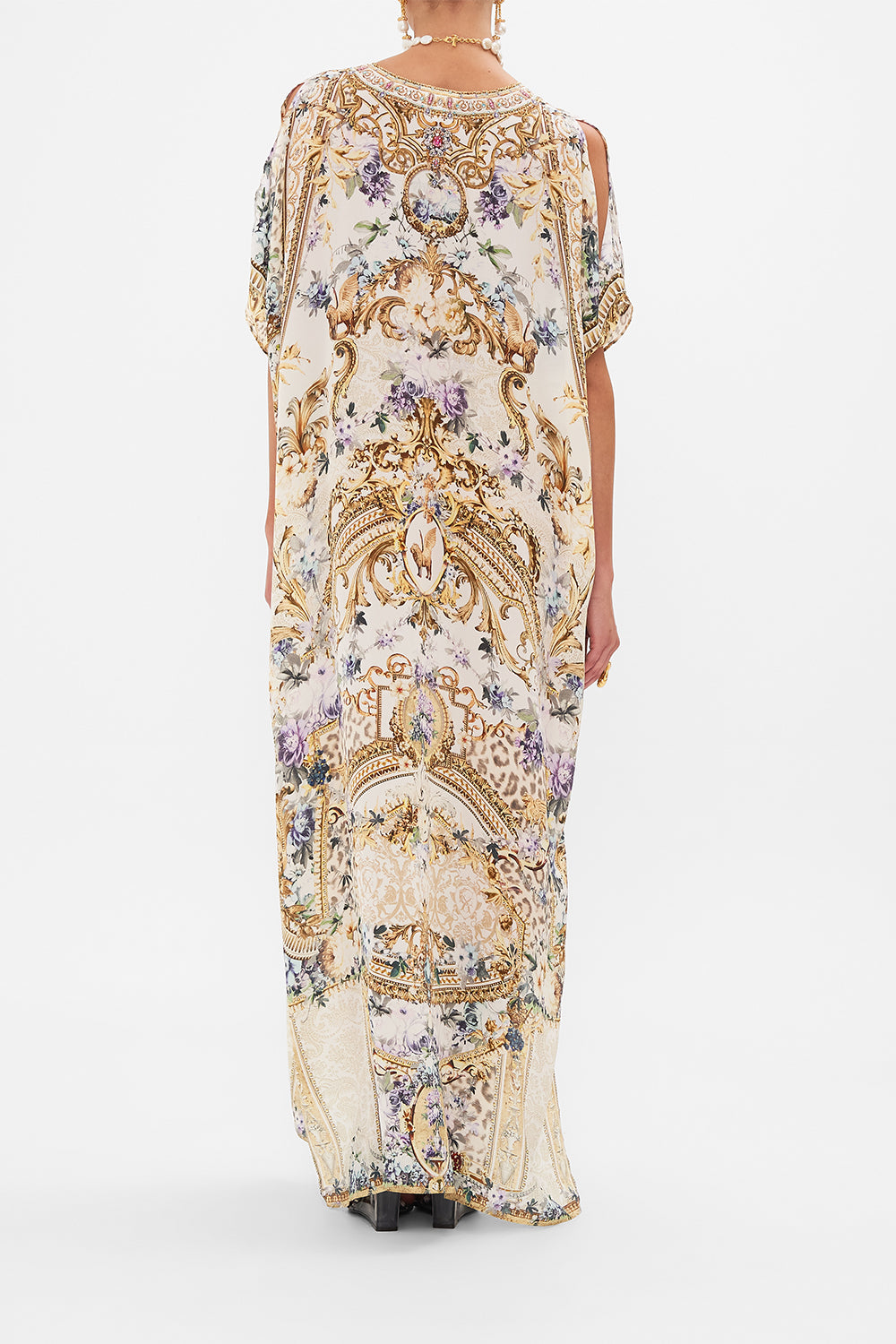 Back view of model wearing CAMILLA resortwear silk kaftan in Palazzo playdate print 