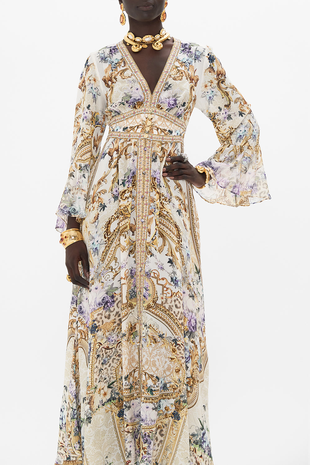 Crop view of model wearing CAMILLA silk ruffle dressin Palazzo Playdate print