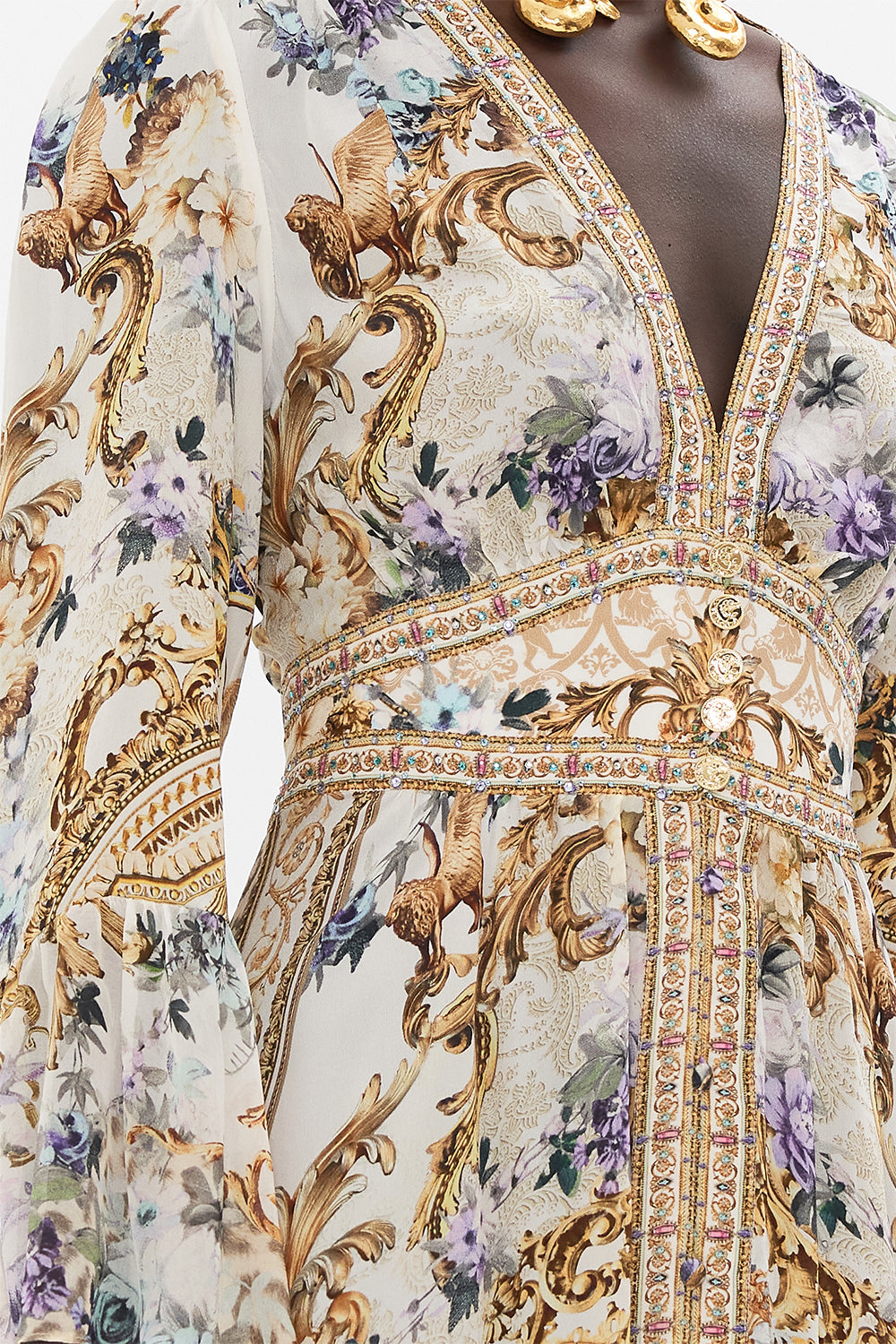 Detail view of model wearing CAMILLA silk ruffle dressin Palazzo Playdate print