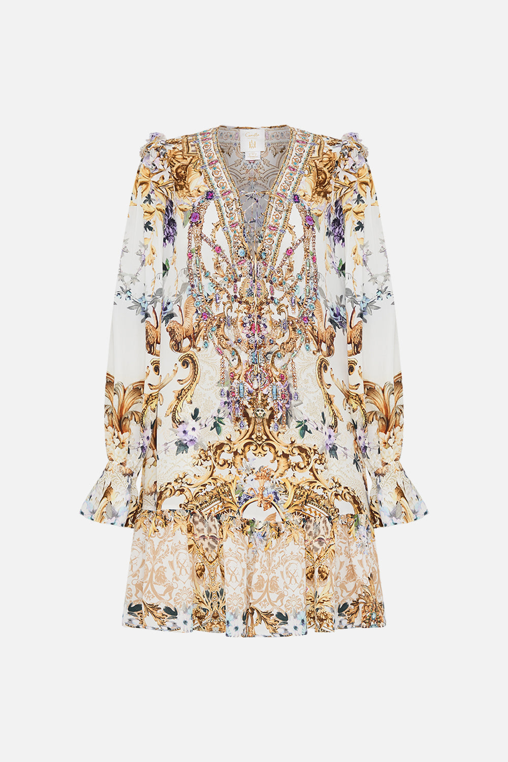 Product view of CAMILLA silk ruffle dress in Palazzo playdate print 