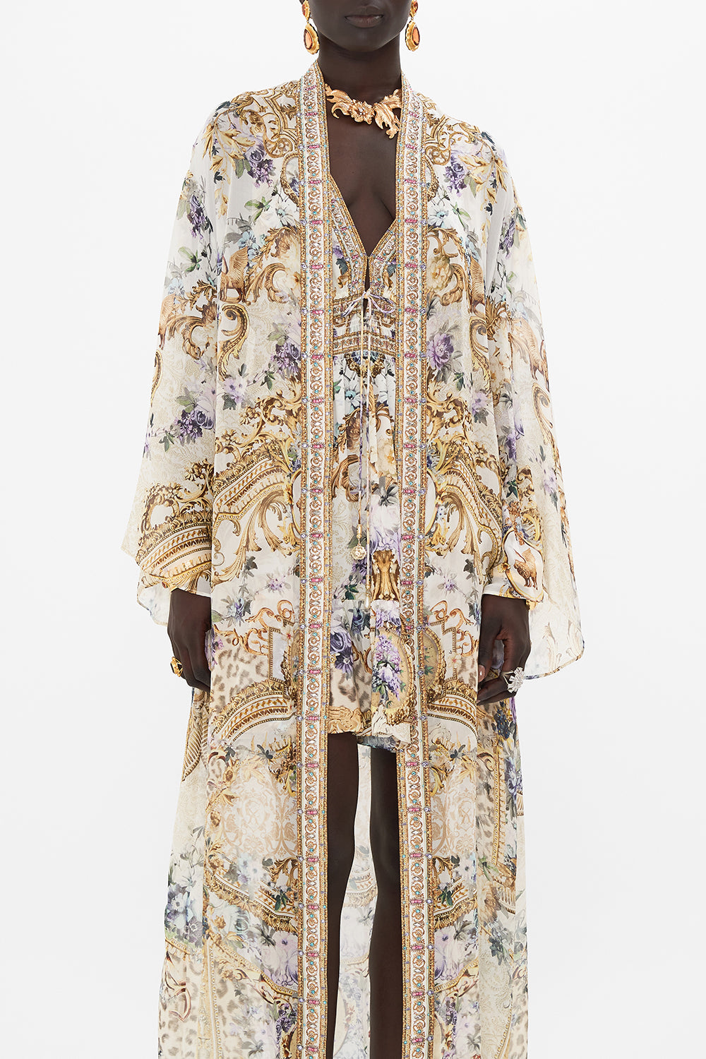 Crop view of model wearing CAMILLA silk robe in Palazzo Playdate print 