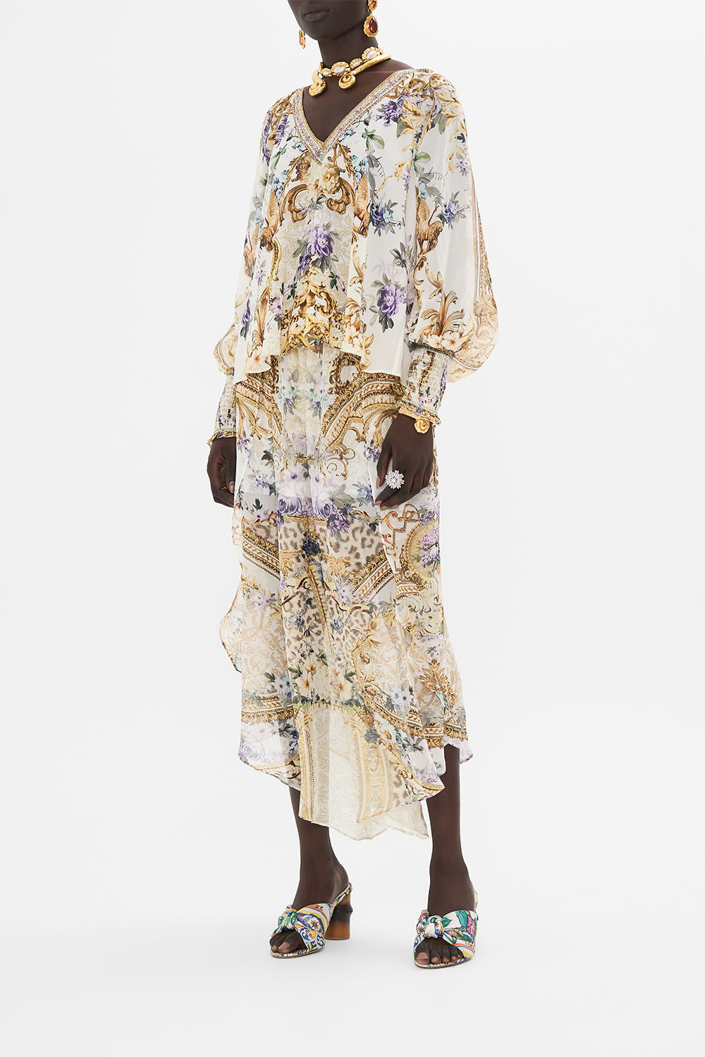 Side view of model wearing CAMILLA silk blouse in Palazzo Playdate print 