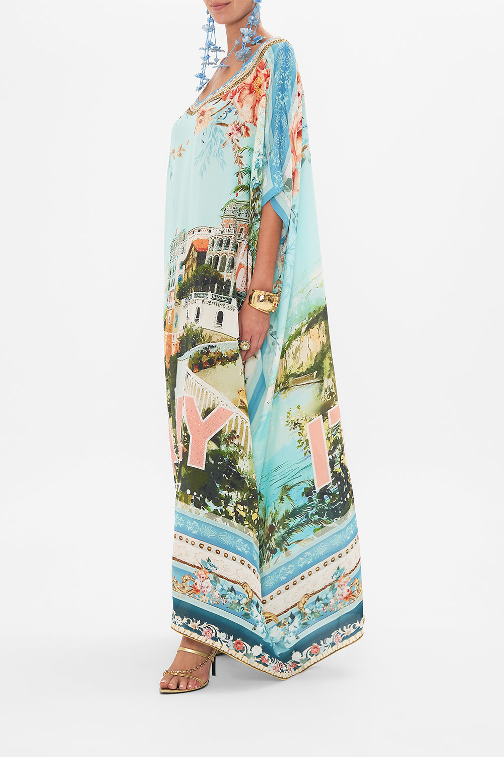 Side view of model wearing CAMILLA silk kaftan in From Sorrento With Love print
