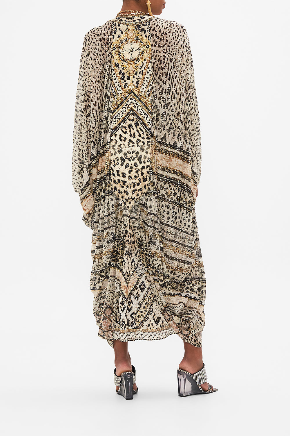 Back view of model wearing CAMILLA luxury silk jacket in Mosaic Muse print