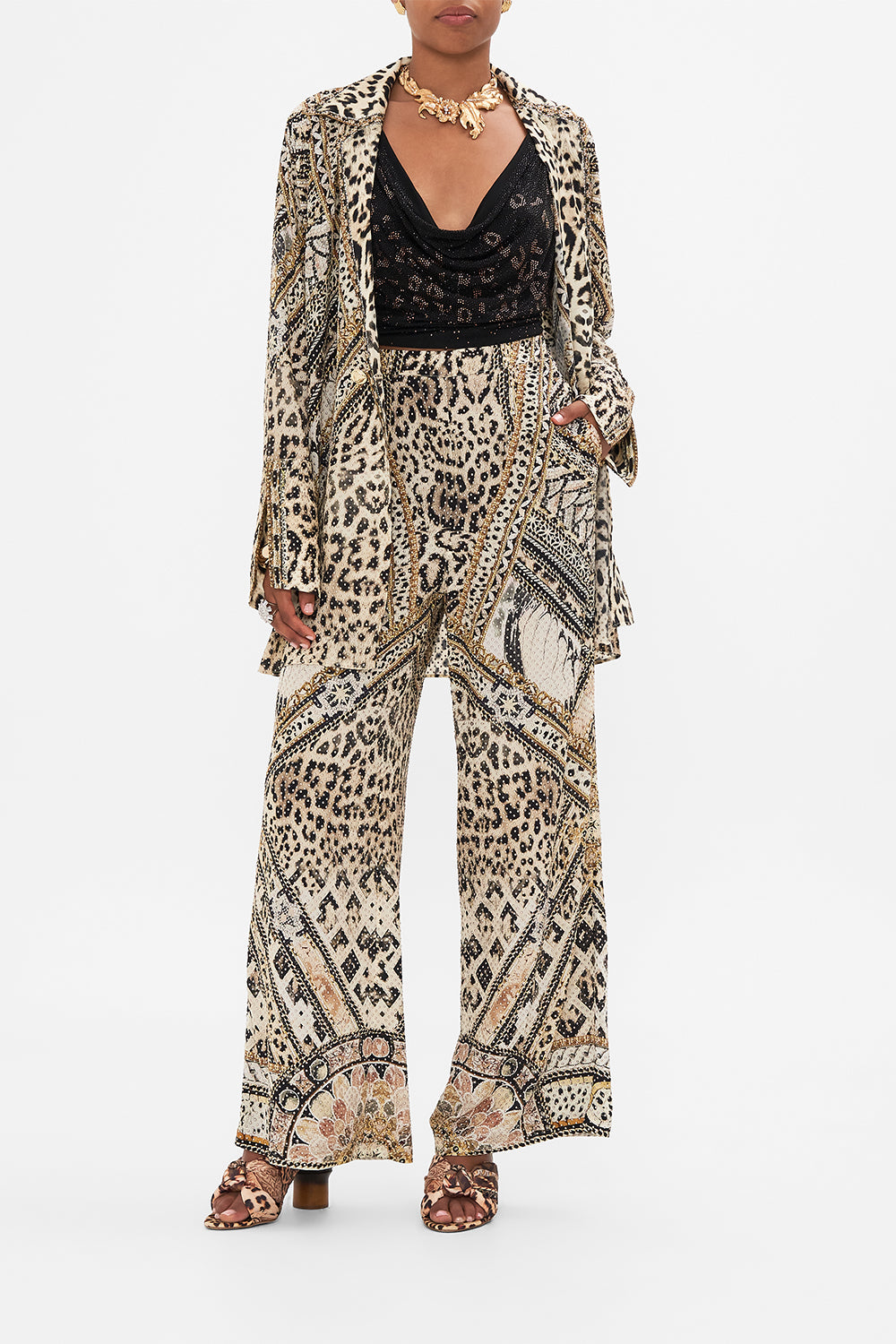 Style view of model wearing CAMILLA silk animal print pants in Mosaic Muse 