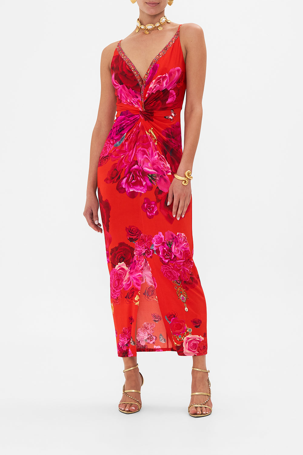 Front view of model wearing CAMILLA floral dress in An Italain Rosa print