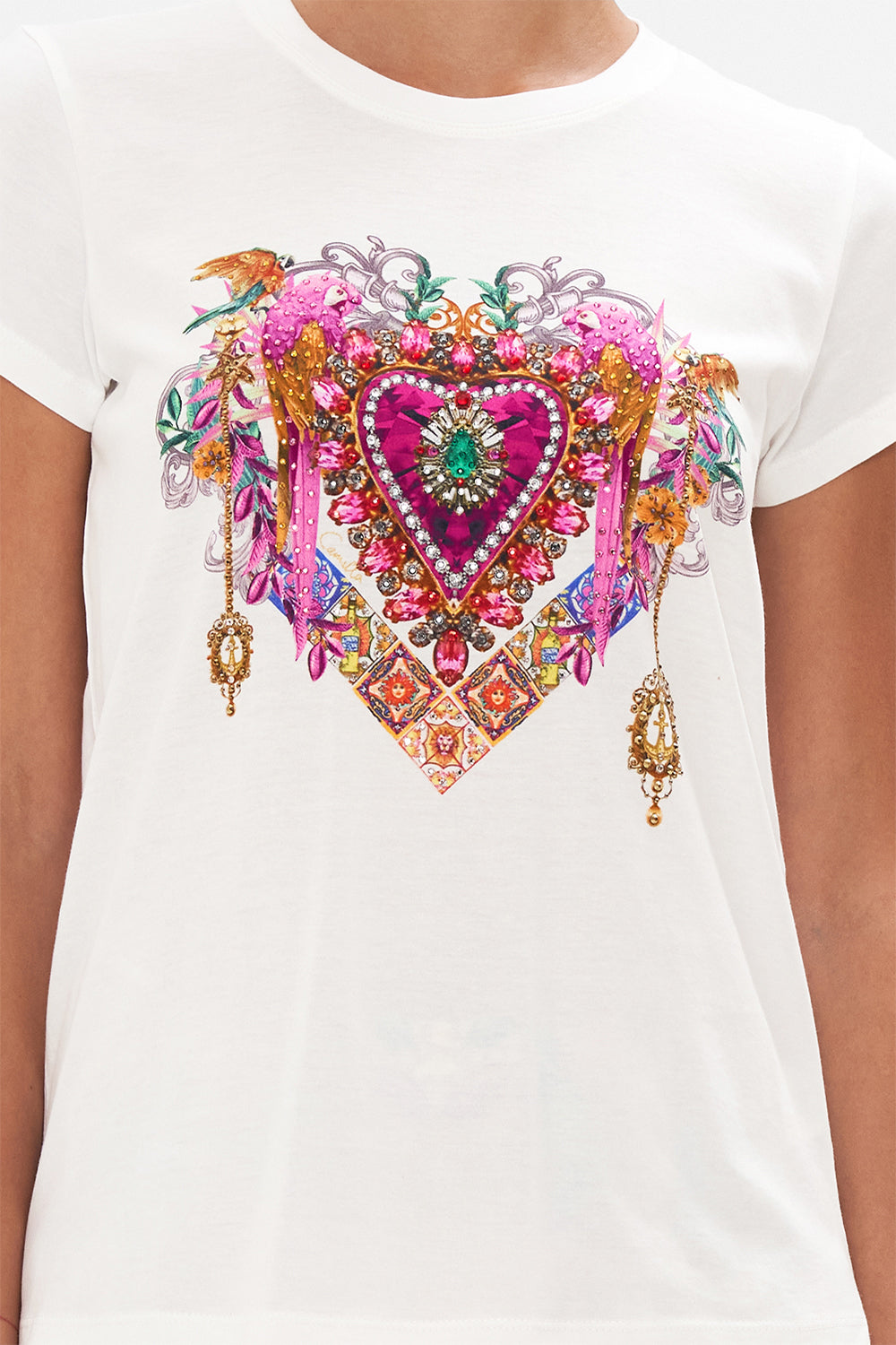 Detail view of model wearing CAMILLA floral t shirt in Flowers Of Neptune print