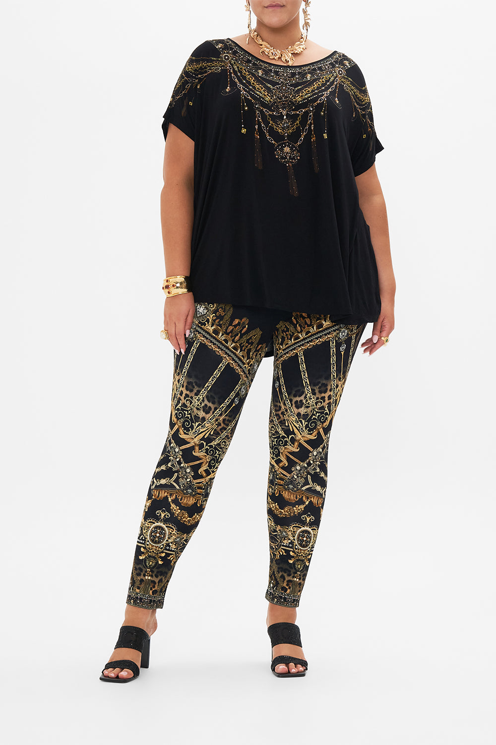 Front view of curvy model wearing CAMILLA plus size t shirt in Masked At Moonlight print