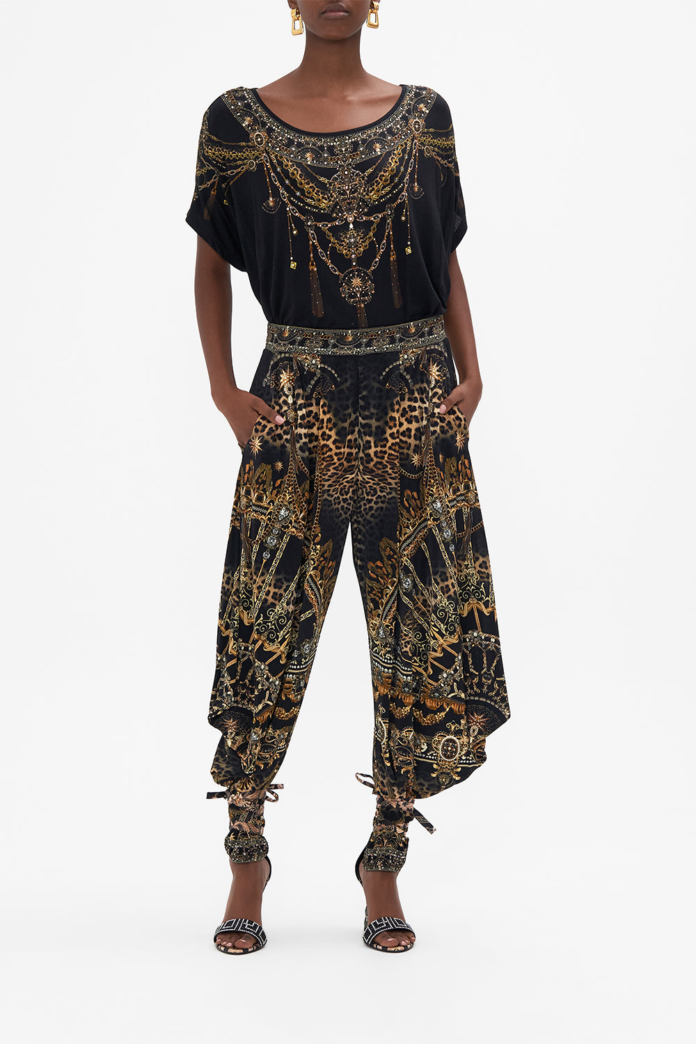 Front view of model wearing CAMILLA luxury graphic tee in Masked At Moonlight print