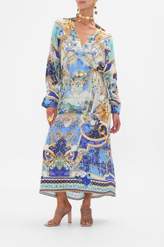 Front view of model wearing CAMILLA silk kaftan in Views Of Vesuvius print