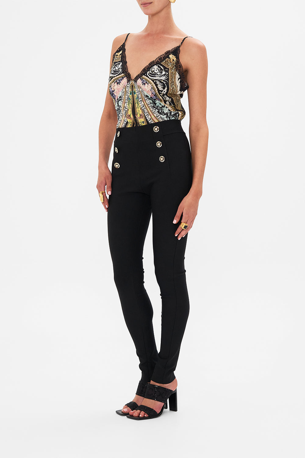 Side view of model wearing CAMILLA ponte pant in Florence Field Day print