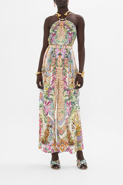 Front view of model wearing CAMILLA floral silk pants in Flowers Of Neptune print 