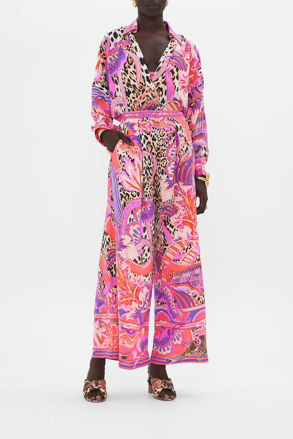 Front view of model wearing CAMILLA silk pants in Viola Vintage print 