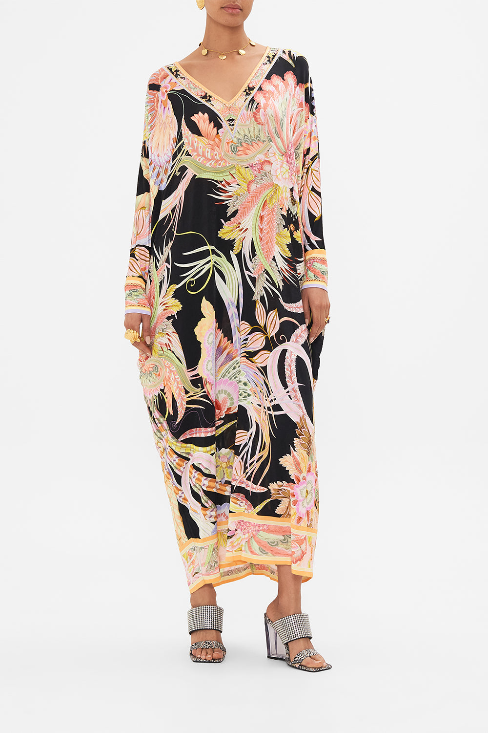 Front view of model wearing CAMILLA designer jersey kaftan in Lady of The Moon print