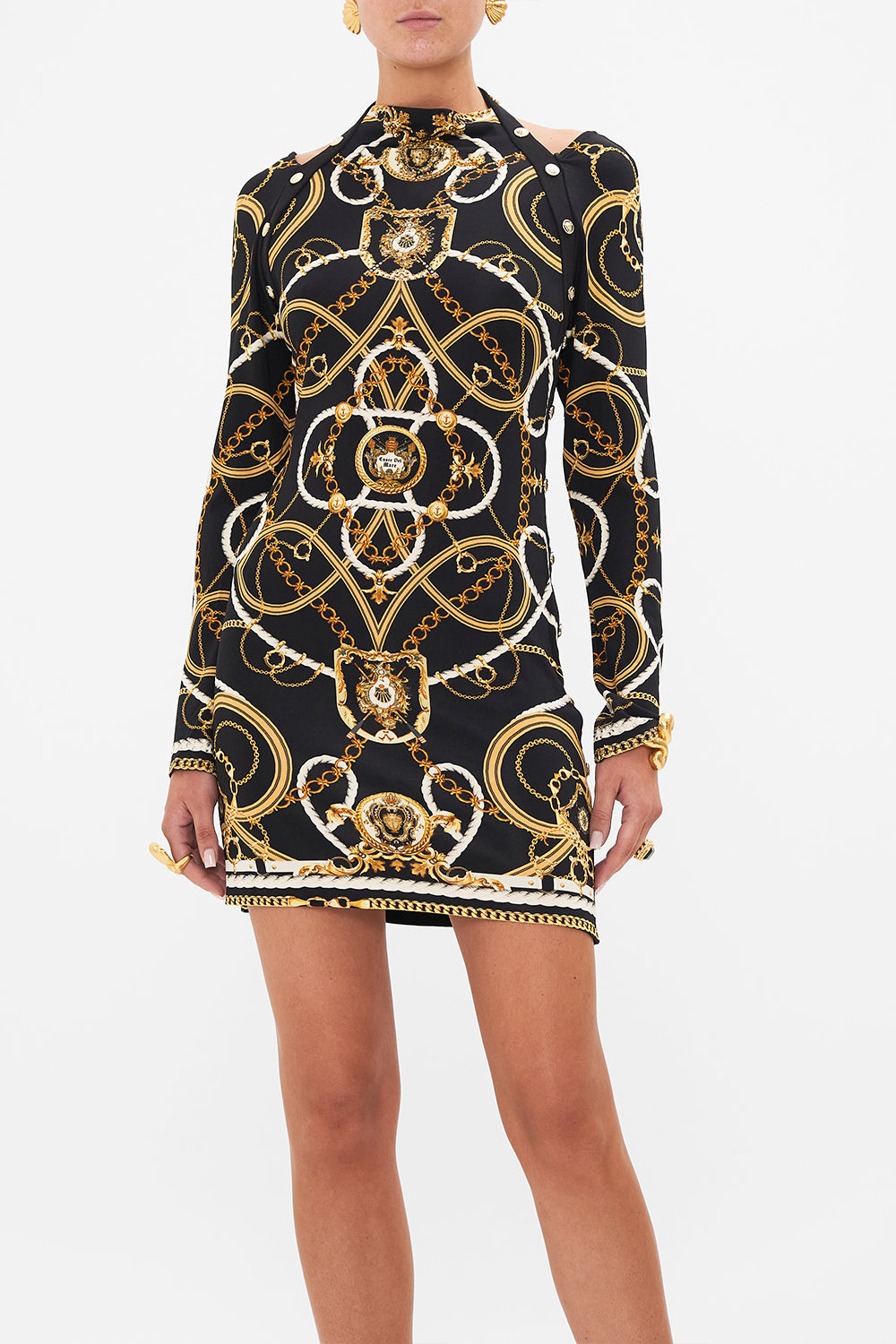 Crop view of model wearing CAMILLA cut out jersey dress in Coast to Coast print