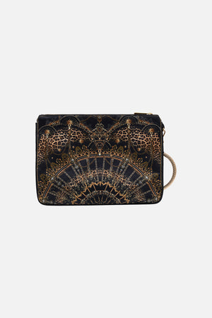 Product view of CAMILLA black and gold silk clutch in Masked at Moonlight print