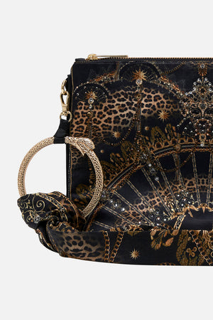 Product view of CAMILLA black and gold silk clutch in Masked at Moonlight print