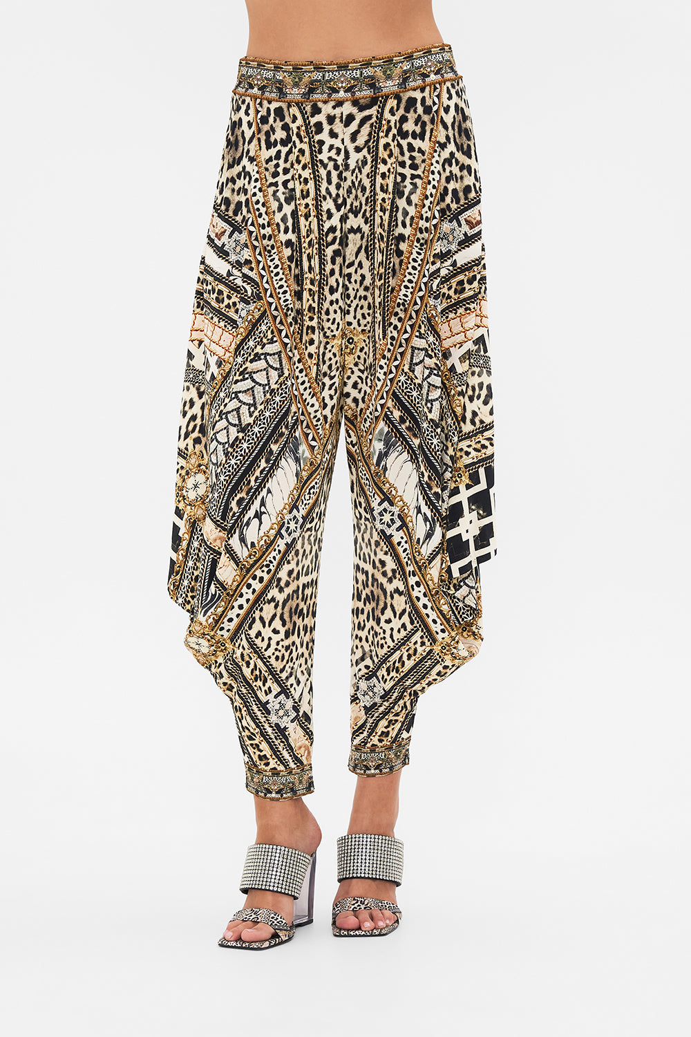 Crop view of model wearing CAMILLA luxury jersey pant in Mosaic Muse 