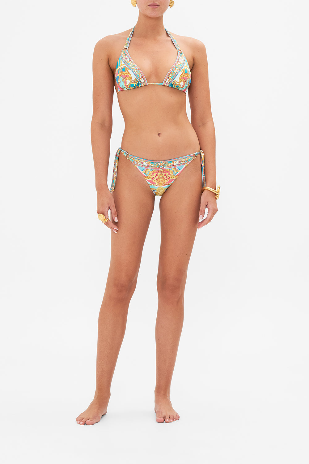 Front view of model wearing CAMILLA resort wear bikini Sail Away With Me print 