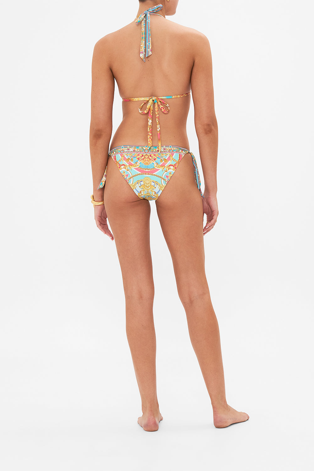 Back view of model wearing CAMILLA resort wear bikini Sail Away With Me print 
