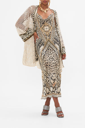 Style view of model wearing CAMILA silk kimono in Mosaic Muse print