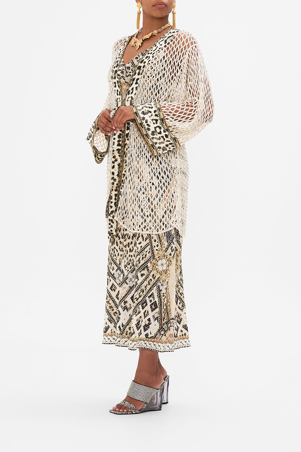 Side view of model wearing CAMILA silk kimono in Mosaic Muse print