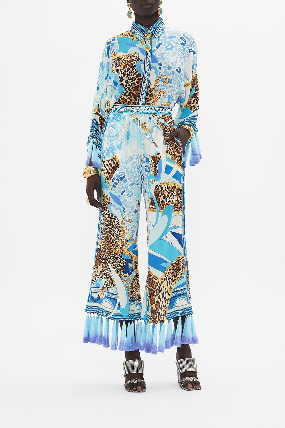 CROPPED LOUNGE PANT WITH OMBRE SILK TASSELS SKY CHEETAH