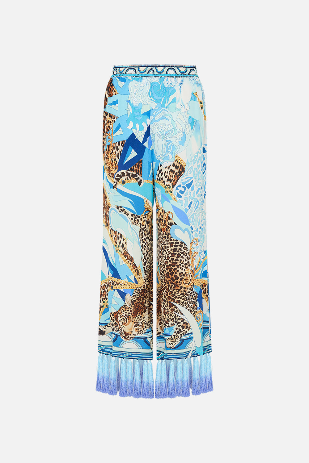 CROPPED LOUNGE PANT WITH OMBRE SILK TASSELS SKY CHEETAH