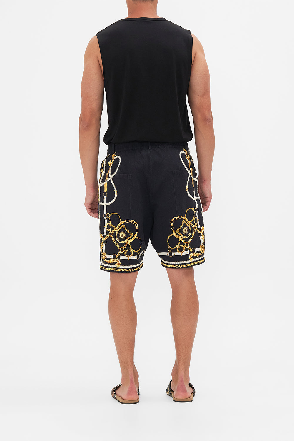 Back view of model wearing Hotel Franks By CAMILLA mens boardshort in Coast To Coast print 