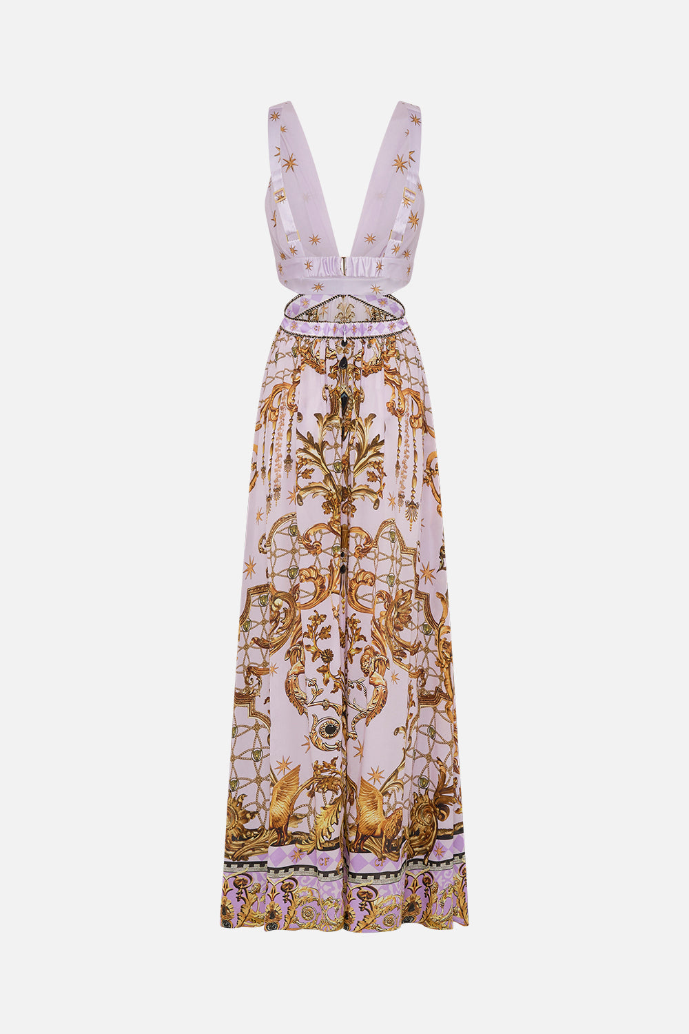 Video of model wearing CAMILLA silk cut out maxi dress in Lavender Ever After print