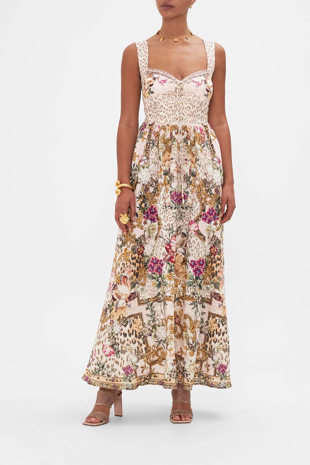 Front view of model wearing CAMILLA pink linen maxi dress in Bambino Bliss print