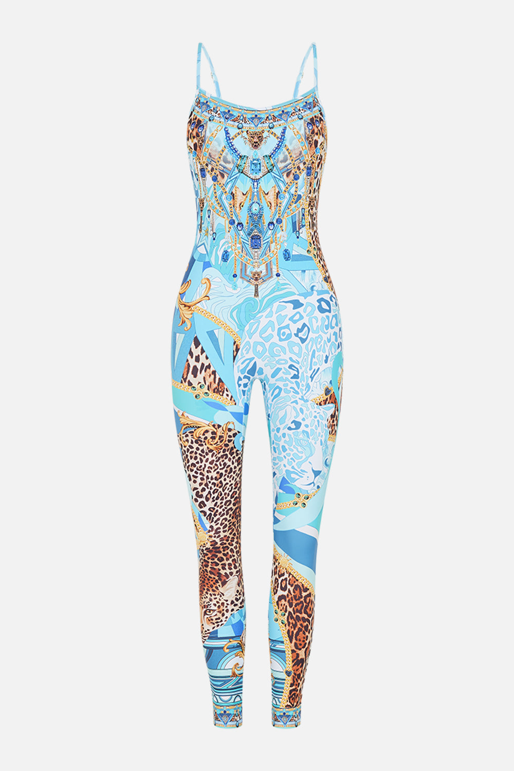 Product view of CAMILLA designer catsuit in Sky Cheetah print