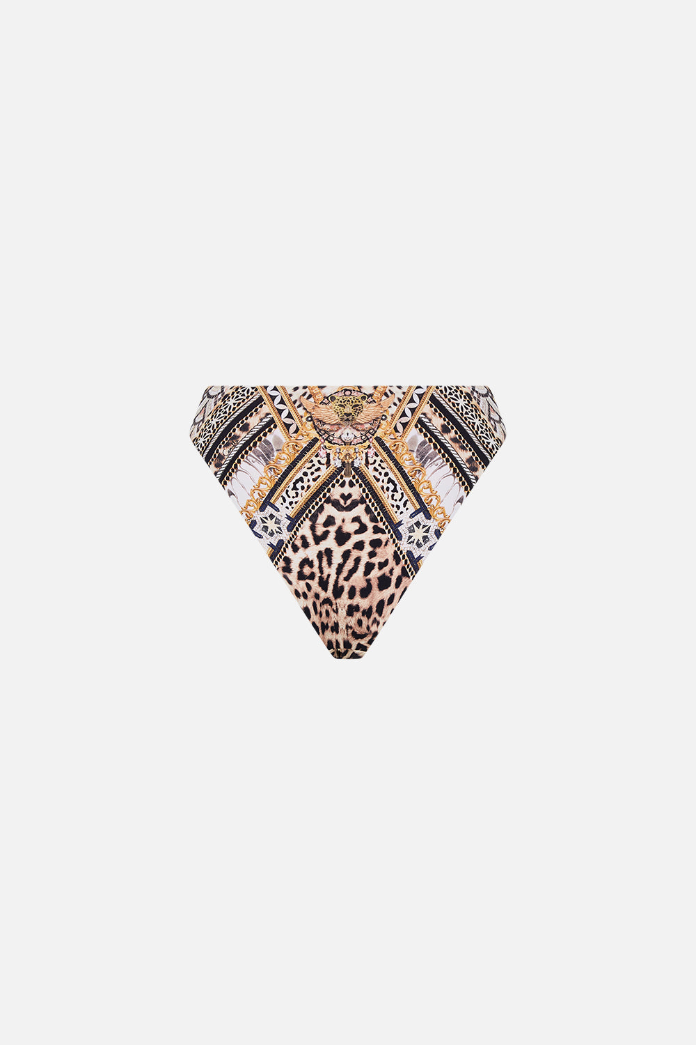 Detail view of model wearing CAMILLA swim animal print bikini bottom in Mosaic Muse