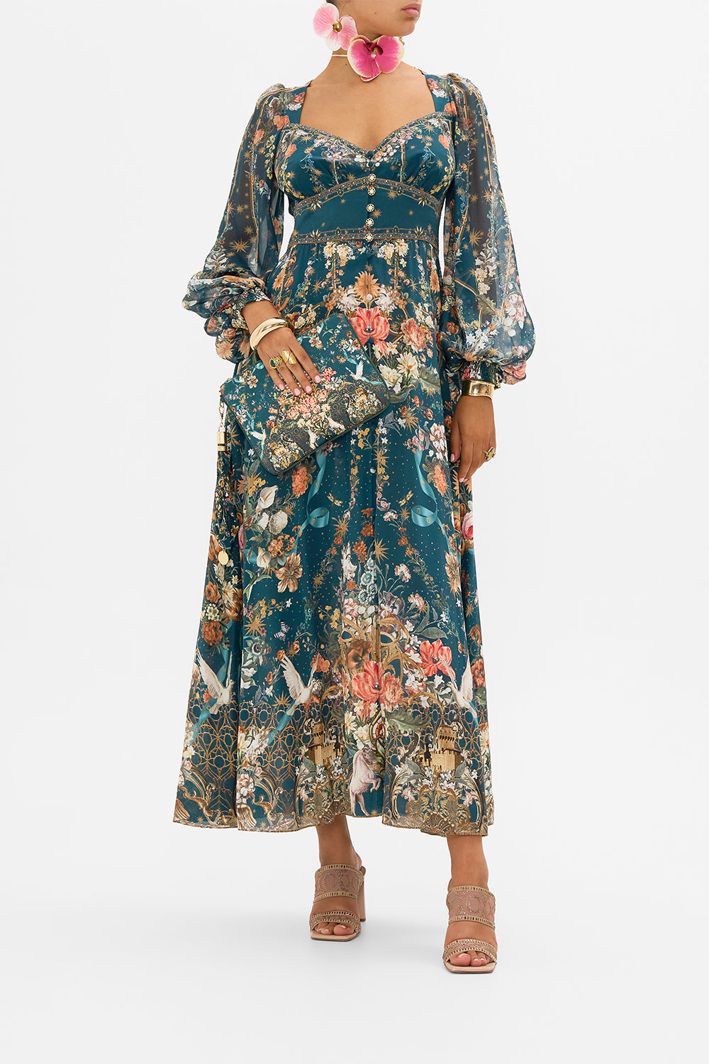 CAMILLA floral  silk dress in She Who Wears The Crown print