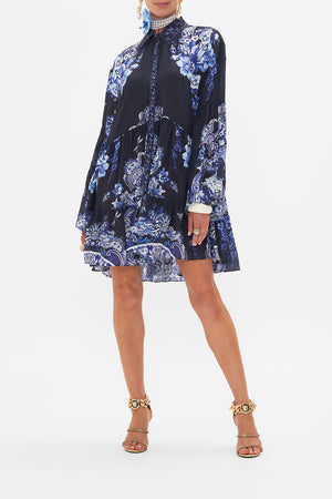 Front view of model wearing CAMILLA silk shirt dress in Delft Dynasty print