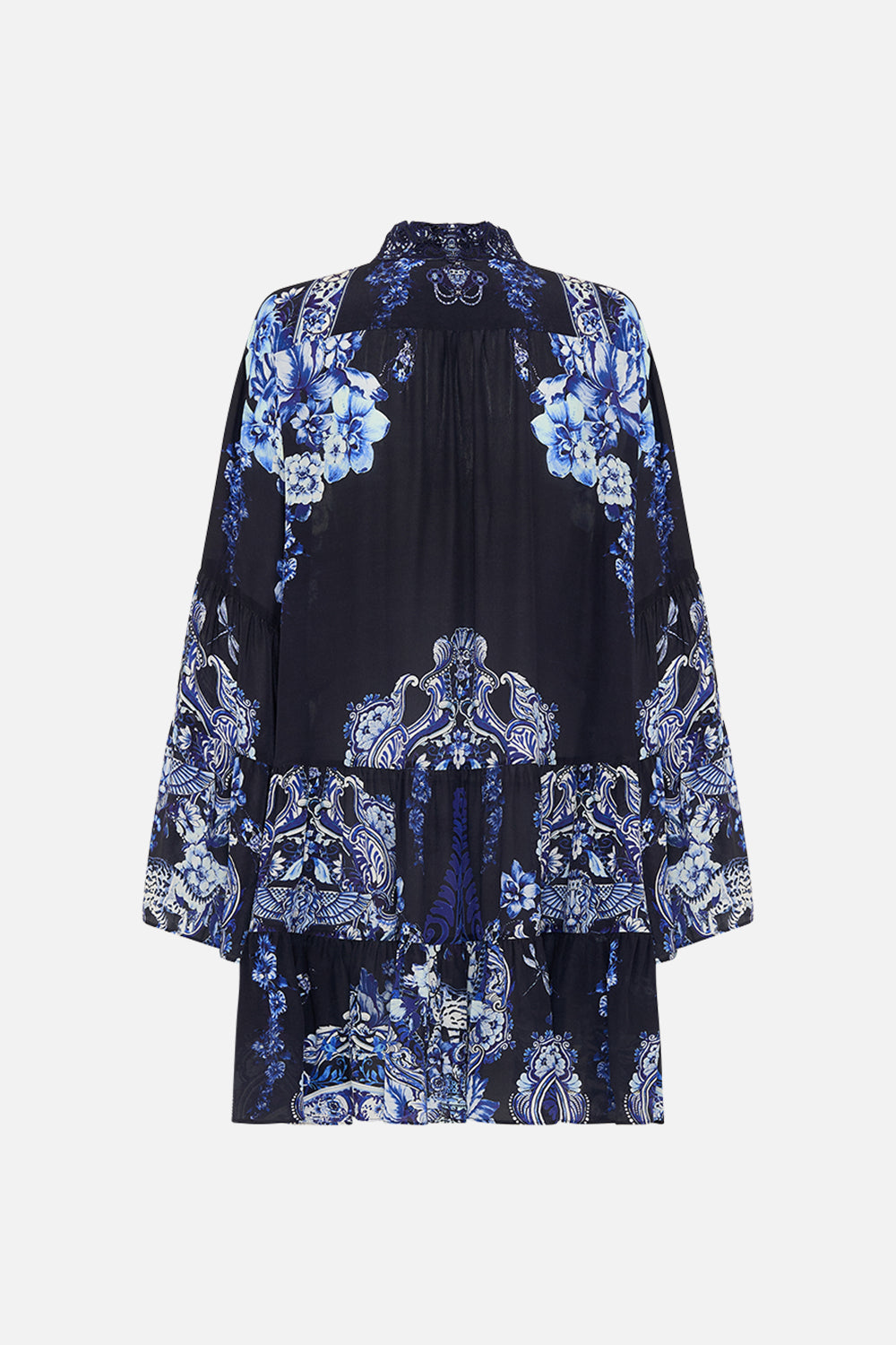 Back view of CAMILLA silk shirt dress in Delft Dynasty print