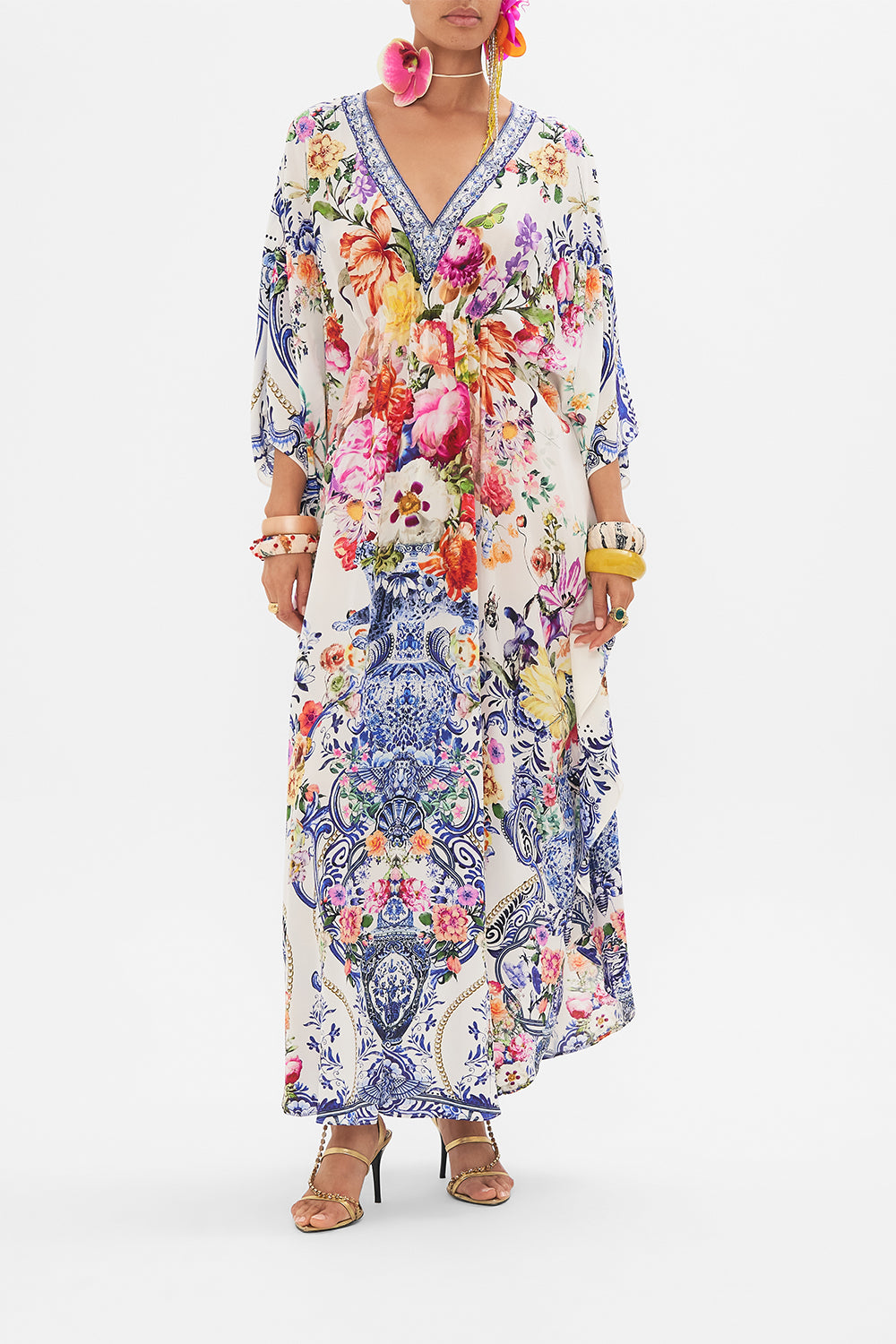 Front view of model wearing CAMILLA silk kaftan in Dutch Is Life print