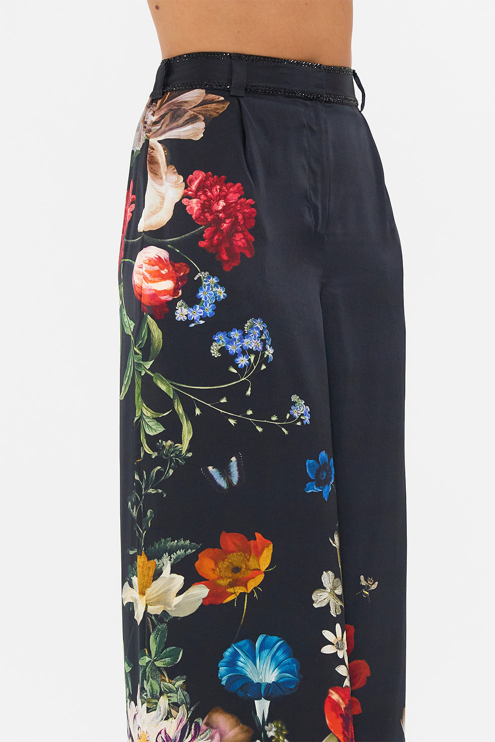 CAMILLA black floral print silk pants in A Still Life print