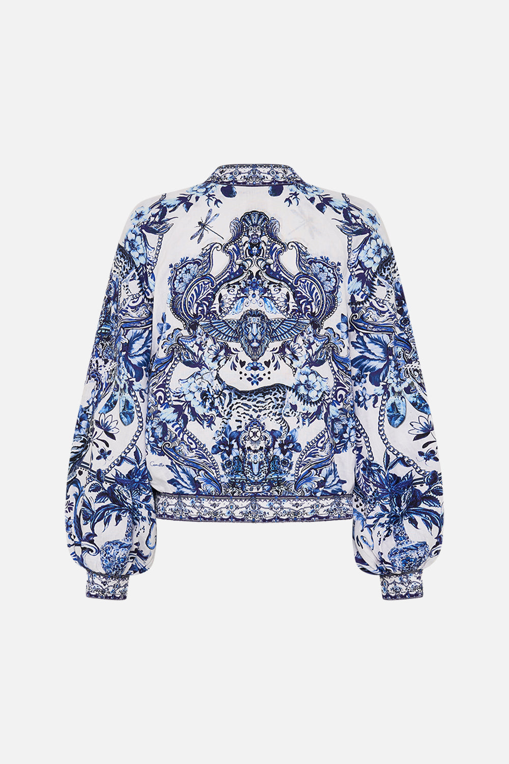 Back view of CAMILLA silk bomber jacket in Glaze and Graze print