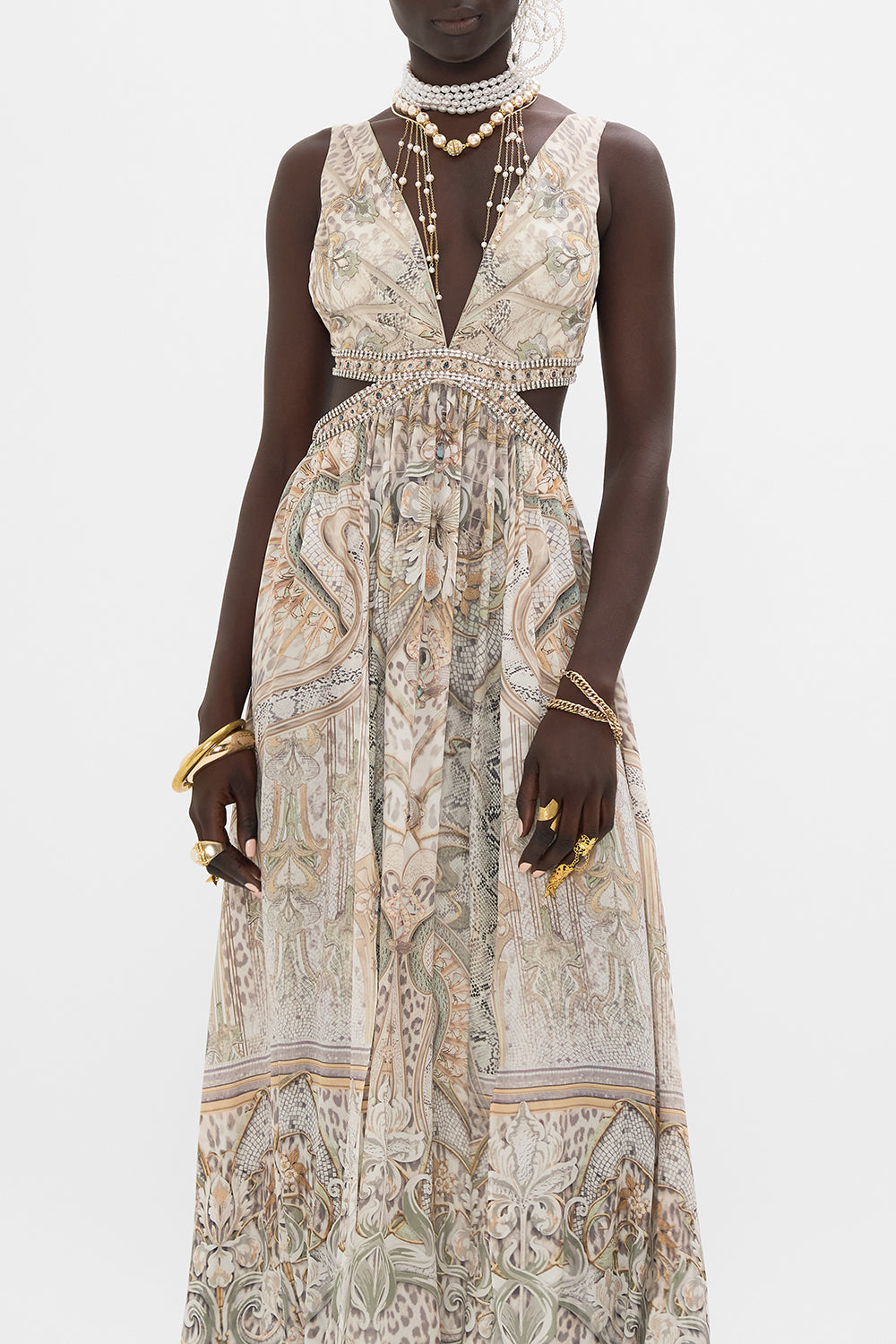 CAMILLA cut out dress in Ivory Tower Tales print